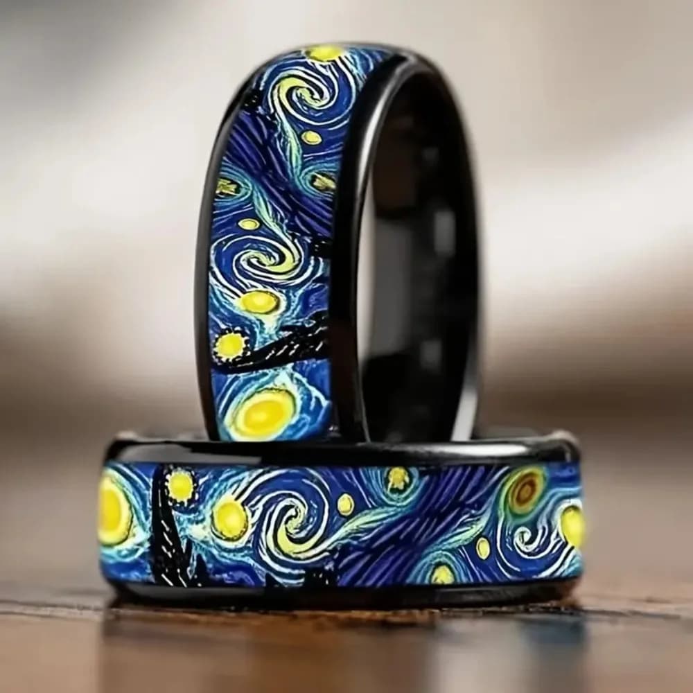 Van Gogh Starry Night Stainless Steel Oil Painting Patterned Ring Versatile Men's and Women's Fashion Jewelry Finger Accessory