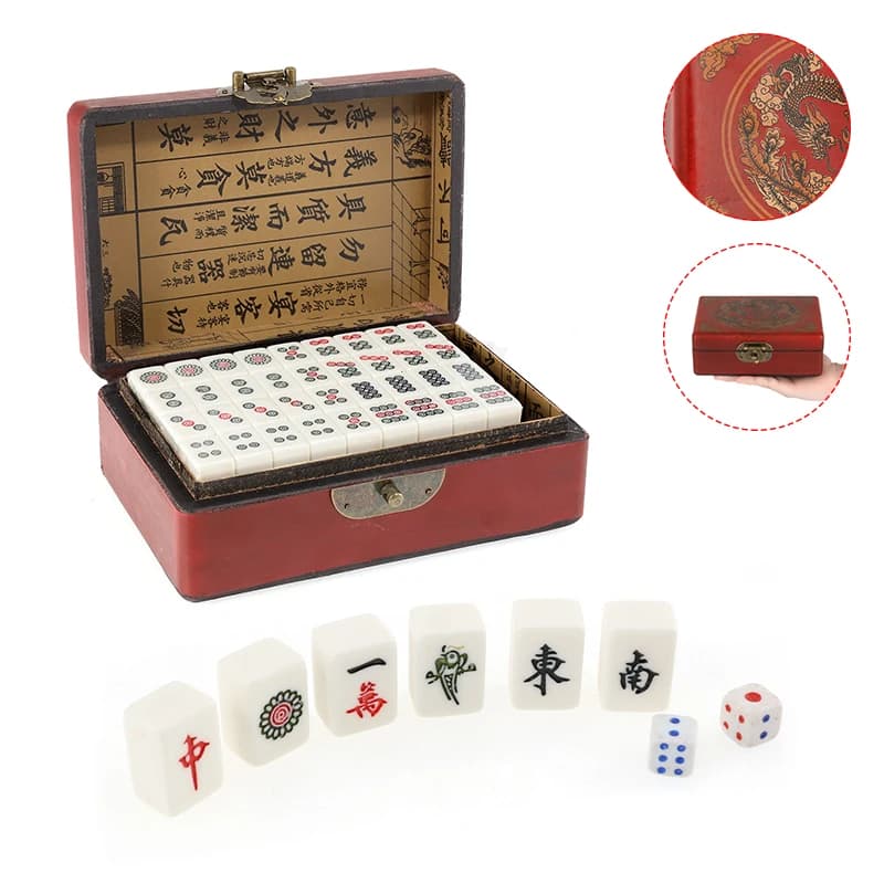 Set da gioco Mahjong cinese 144 Mini piastrelle incise bianche per la festa in famiglia Set di giocattoli Mahjong portatili numerati cinesi con scatola