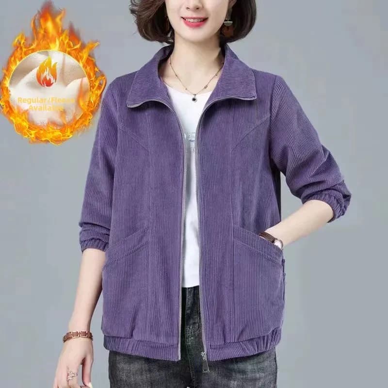 Giacca in velluto a coste foderata in pile spesso da donna, modello ampio casual, taglie forti, capospalla autunno inverno a maniche lunghe