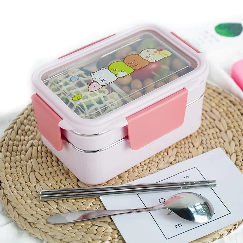 Con modello casuale Cartoon Lunch Box Contenitore per alimenti a doppio strato in acciaio inossidabile Bento portatile per scuola da picnic per bambini