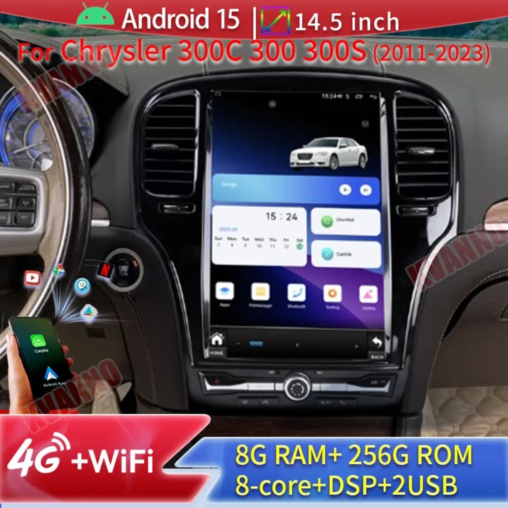 Autoradio da 14,5 "Android15 per Chrysler 300C 300 300S 2011-2023 Lettore video multimediale con manopola fisica + pulsante incorporato 360