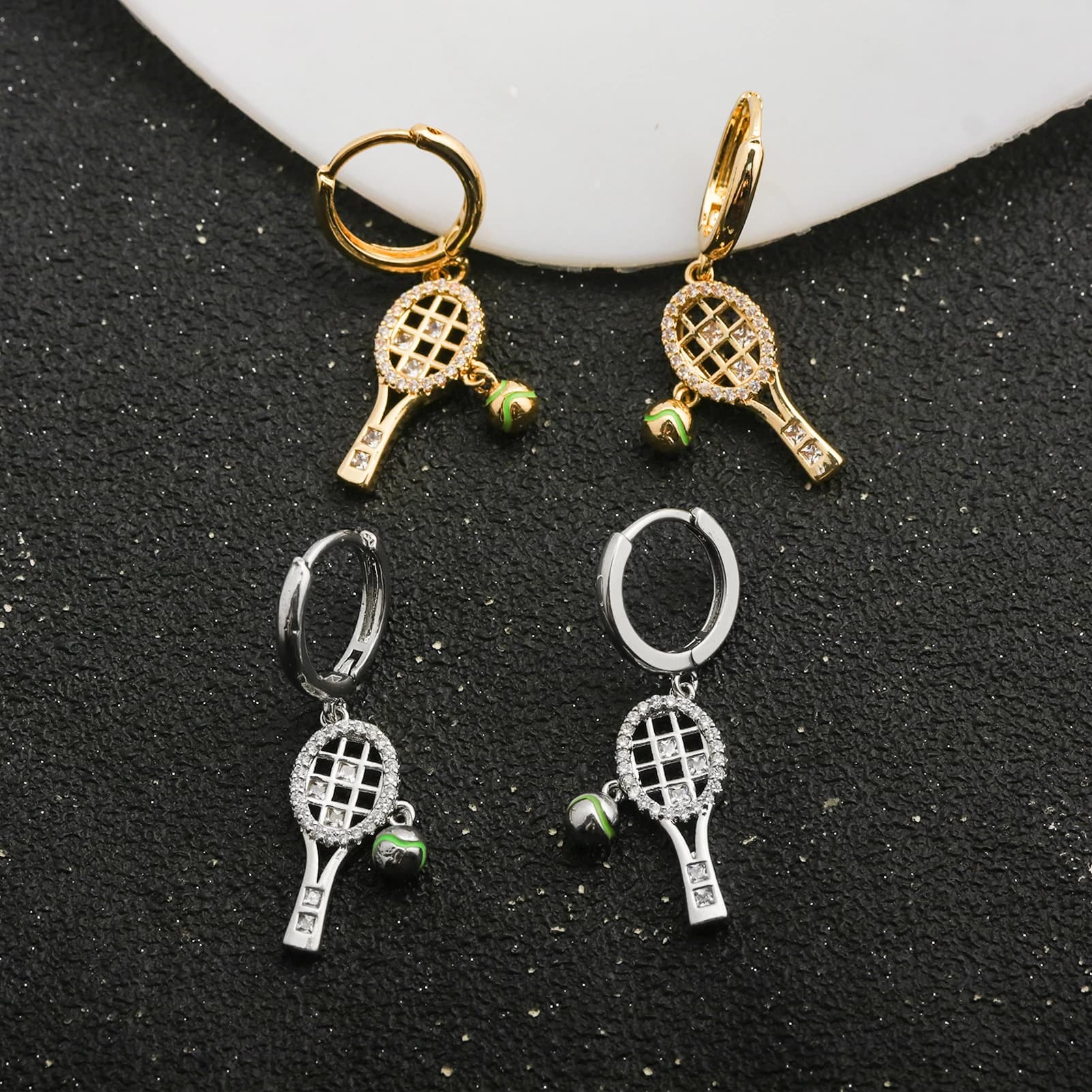 Tennis Racket Stud Earrings Sparkling Crystal Enamel Charm Gold Plating Cubic Zirconia Sports Jewelry Gift For Women