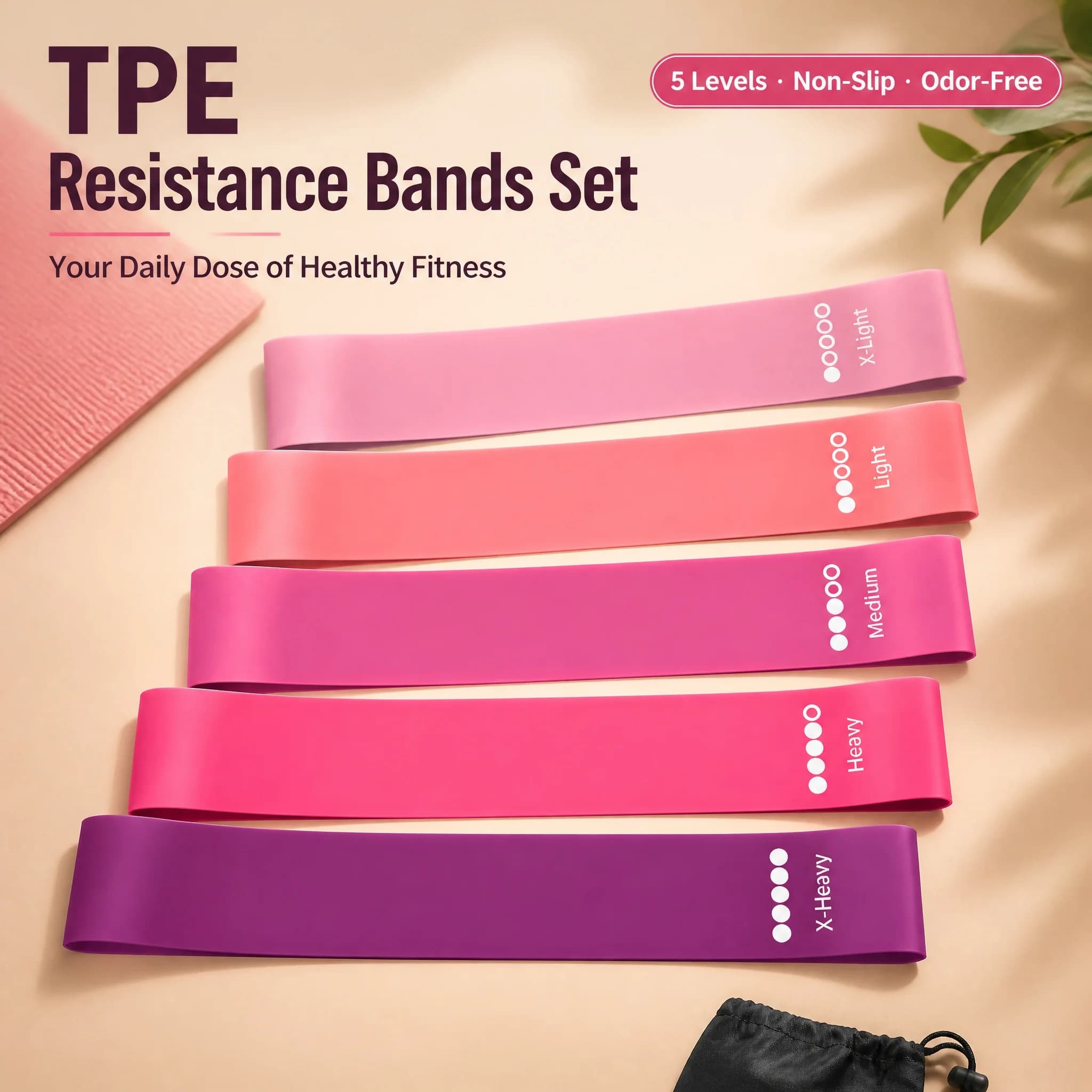 Set of 5 Level TPE Resistance Bands, Glute Exercise Faxes, Legs and Hips, for Training, Yoga and Fitness