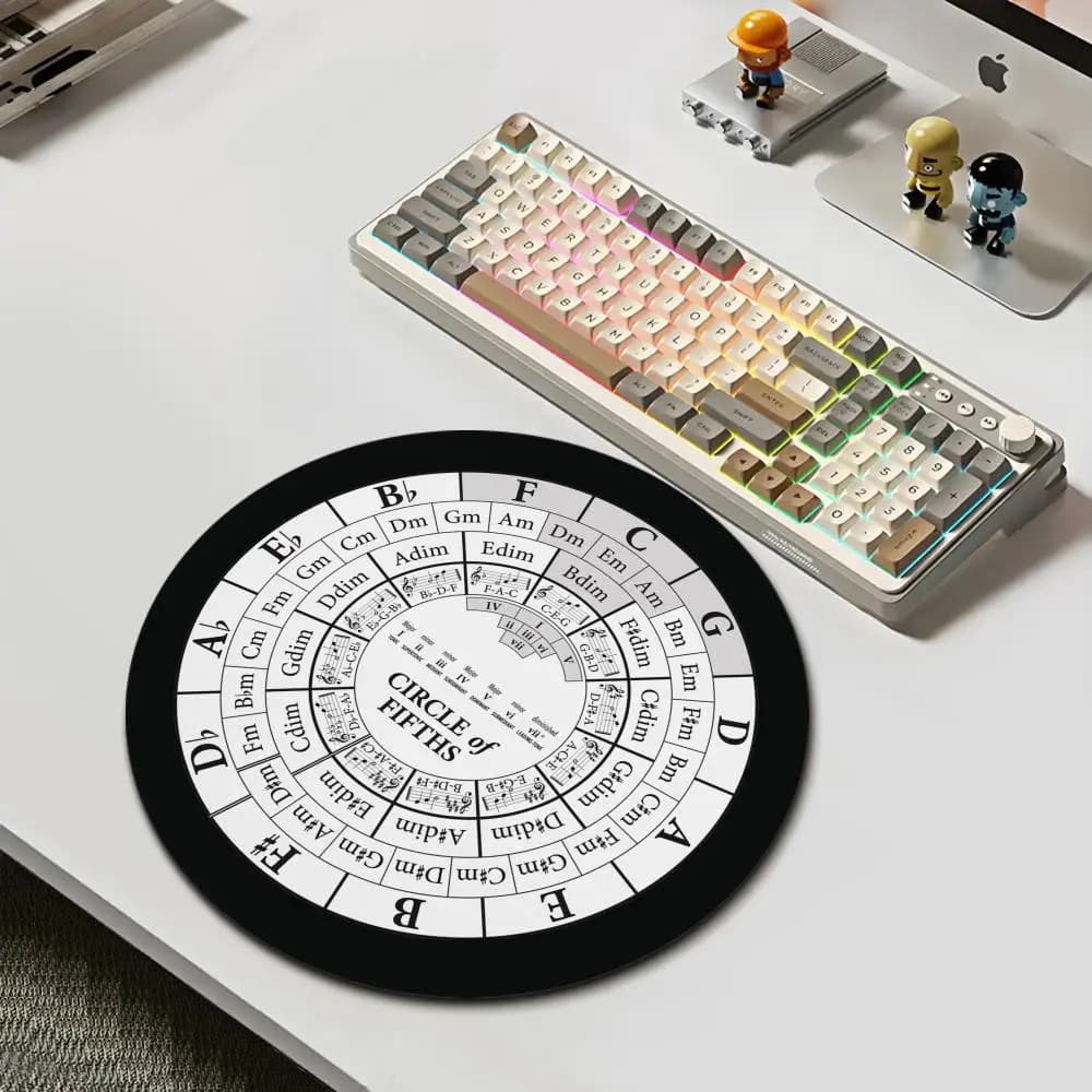 HYBXAXC Tappetino per Mouse Piccolo con Cerchio dei Quinti Musicale, Bianco e Nero, in Gomma, per Gaming e Ufficio, con Bordi Cuciti