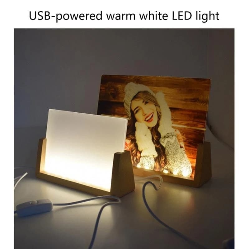 Elegante cornice per foto in acrilico con cornice per sublimazione con base in legno illuminata a LED per foto di matrimonio e mostre d'arte, la migliore vendita