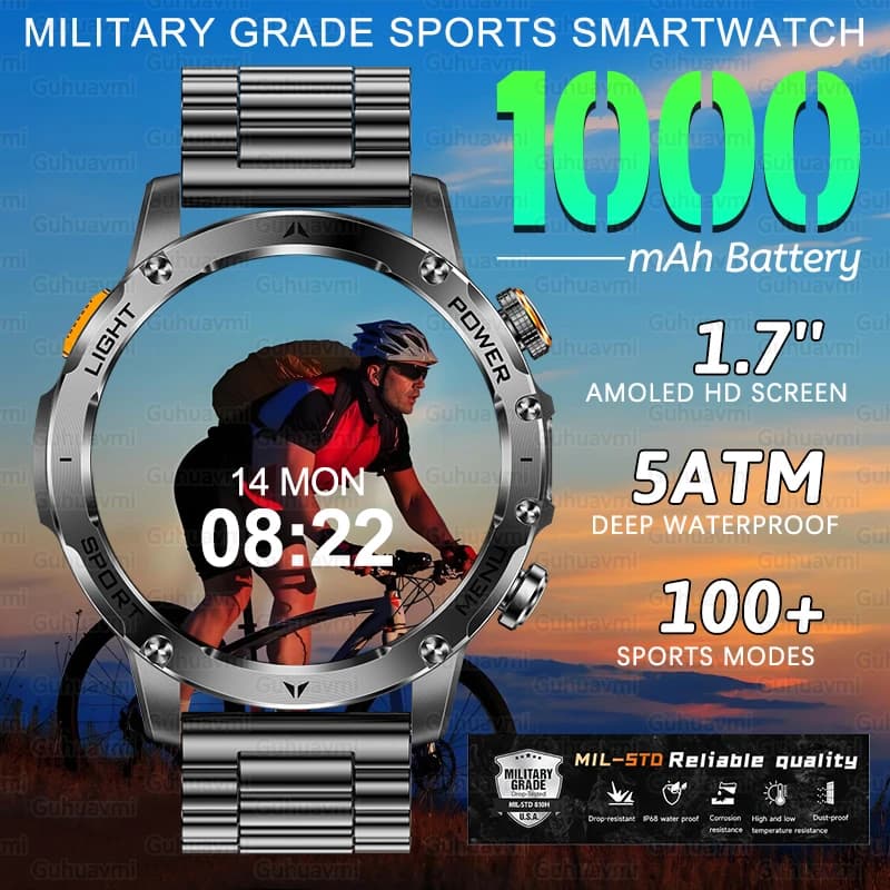 Smartwatch da uomo con batteria grande da 1000 mAh Chiamata Bluetooth Monitoraggio della salute 5ATM Impermeabile 100+ Orologio sportivo intelligente Grado militare