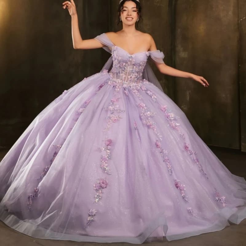Abiti stile principessa lilla Quinceanera con spalle scoperte Applique fiore che borda cristallo tull dolce 16 abito abito da ballo abiti 15 Anos