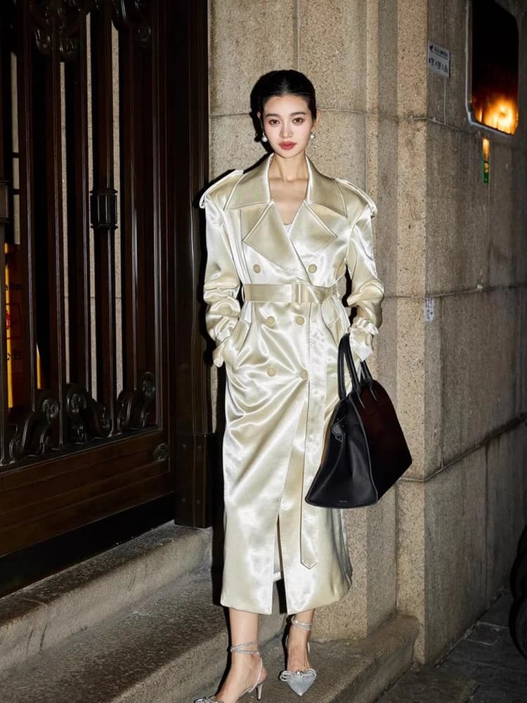 Lautaro Trench da donna lungo in raso morbido fluido lucido primavera autunno per cintura doppio petto elegante designer di lusso Closthes