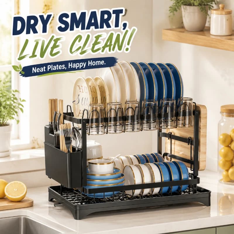 Rustproof 2-Layer Dish Drying Rack, Built-in Drainboard and Holder, Compact Organizer for Kitchen Tableware