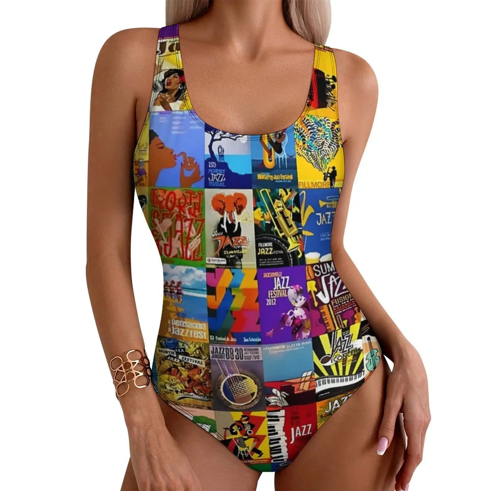 Collage of Jazz Festivals Swimsuit Music Band Print One Piece Swimwear Push Up Trend Bathing Suit Sexy Surf Graphic Beach Wear