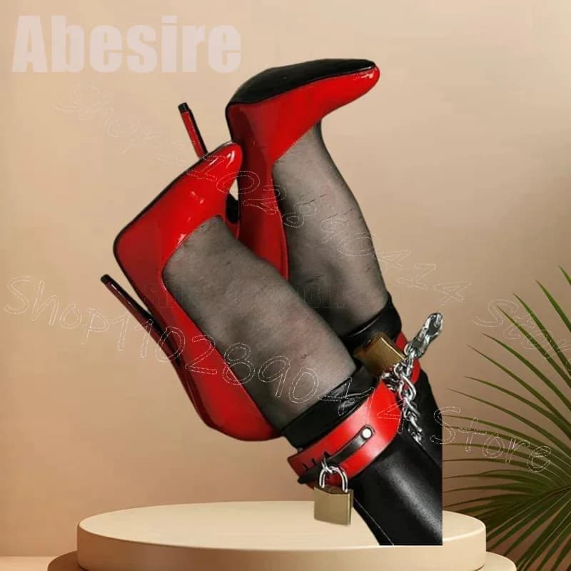 Red Shallow Pointed Toe Lock Chain Decor Pumps Buckle Strap Women Shoes Stilettos High Heels Sexy Party 2026 Zapatos Para Mujere