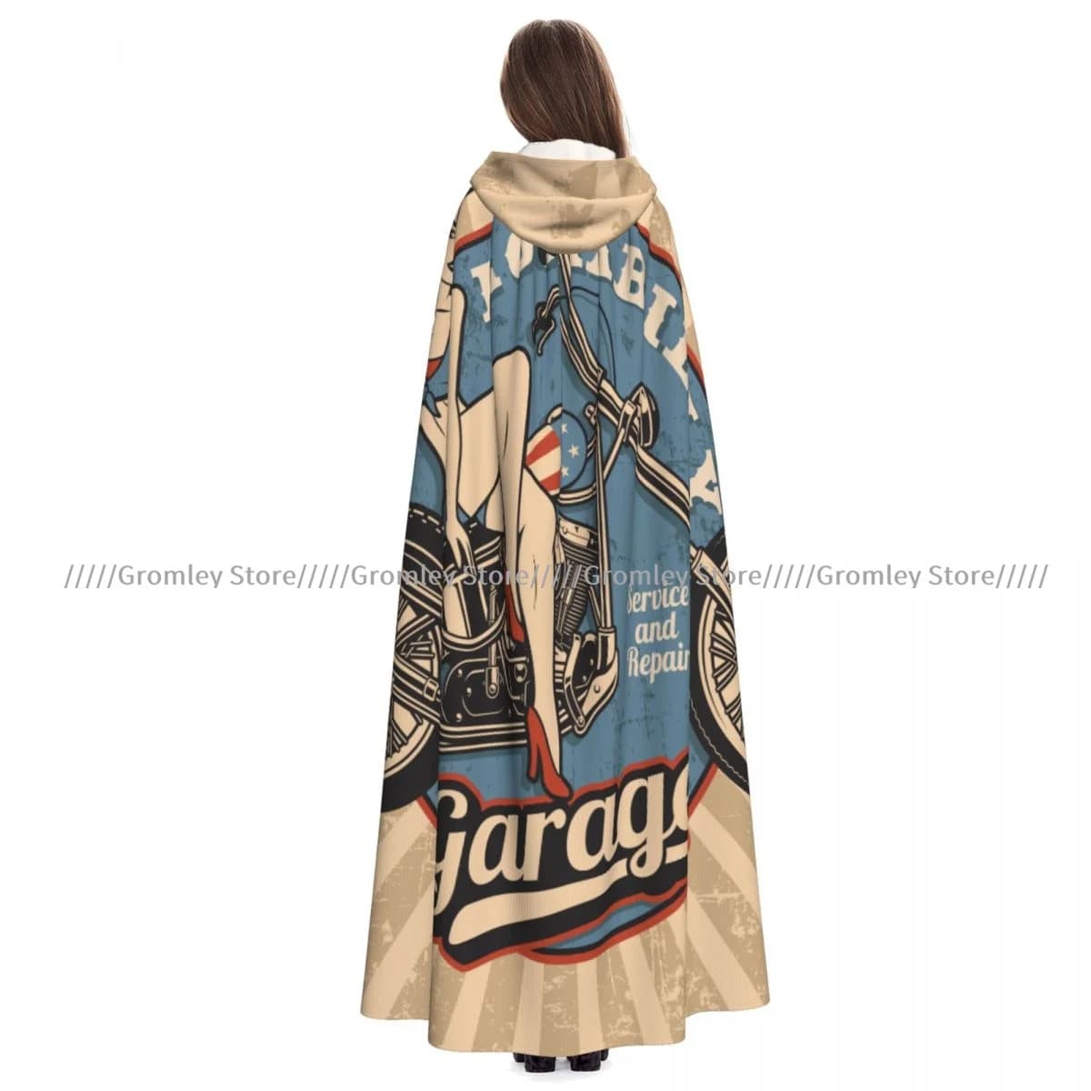 Mantello Medievale con Cappuccio per Cosplay, Cappotto Vintage Sexy da Donna su Moto con Bandiera Americana, Mantello Lungo da Costume, Mantello da Mago