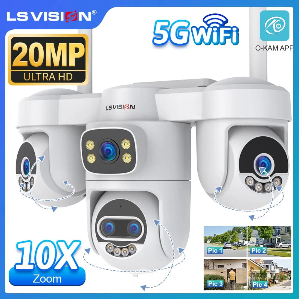 Telecamera di Sicurezza WiFi LS VISION 20MP con Zoom 10X, Quattro Schermi, 5 Lenti, Tre PTZ, Tracciamento Automatico, Supporto Client PC
