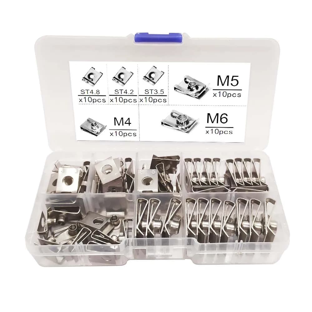60pcs/set Stainless Steel M4/M5/M6 ST4.8/4.2/3.5 Car U Type Clips Reed Nuts Self-tapping Fastener Clip for Auto Motorcycle