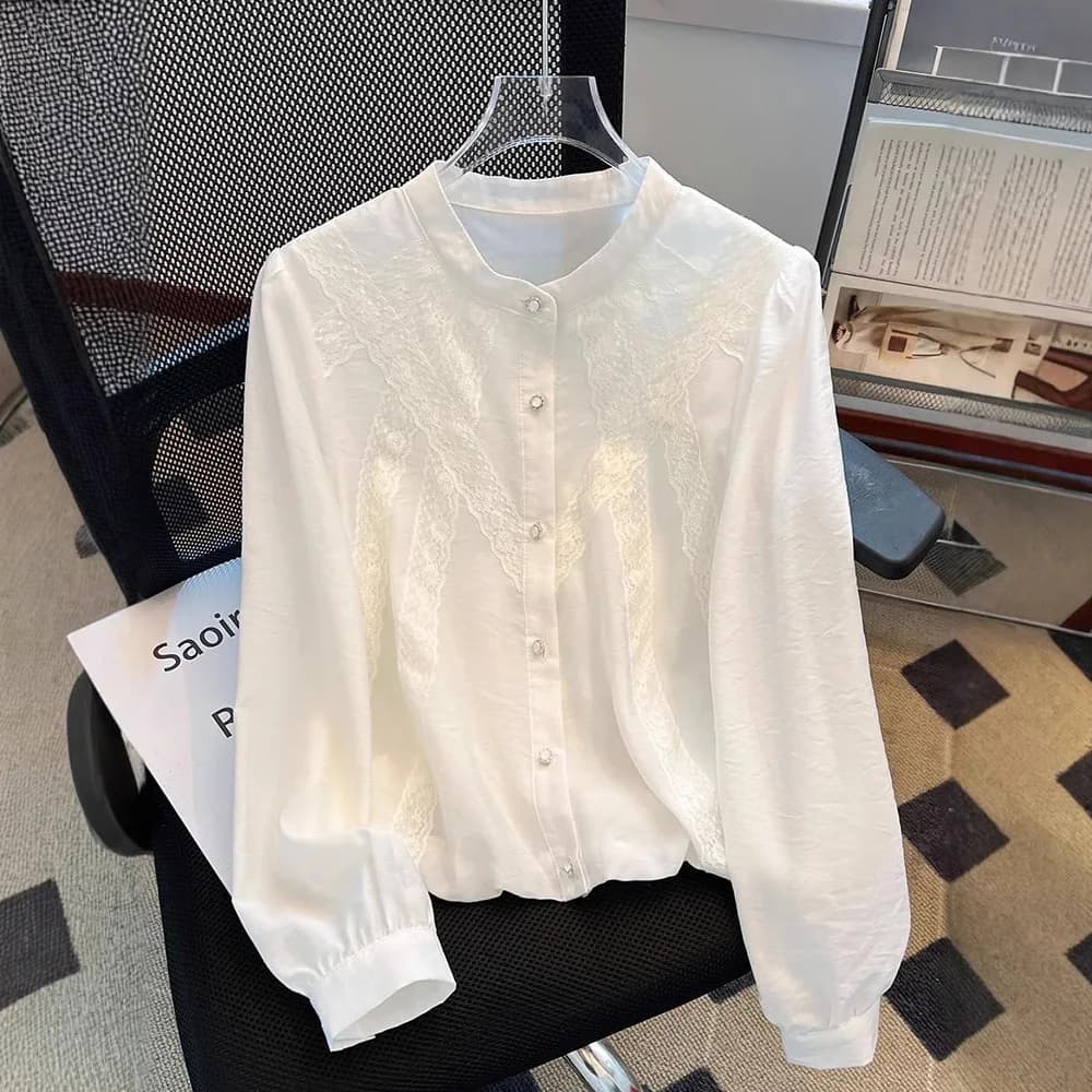 Camicia bianca in stile francese da donna, di alta gamma, nuovo modello primaverile, super elegante, con finiture in pizzo, a maniche lunghe, bellissima camicetta