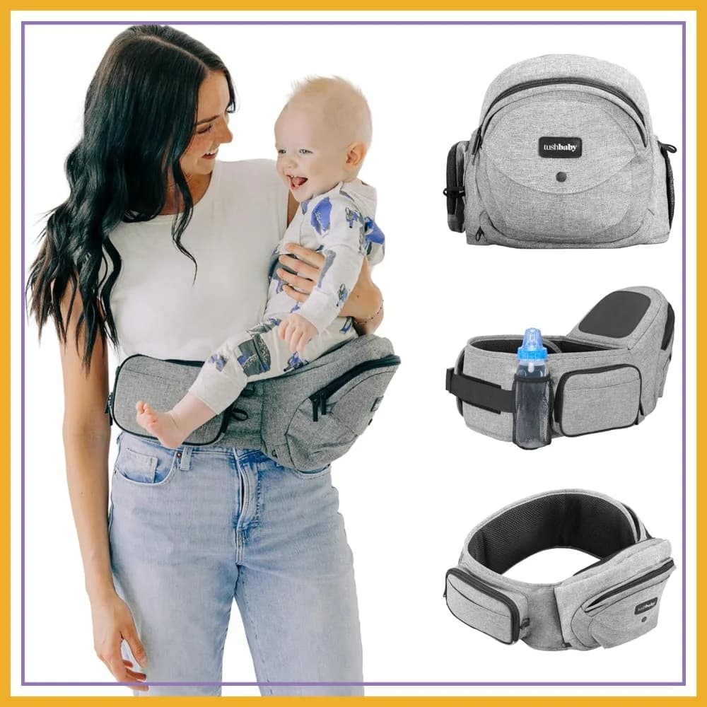 Marsupio porta bimbo con seduta per bambini fino a 20 kg, certificato di sicurezza, design leggero senza imbottitura con vano portaoggetti, grigio