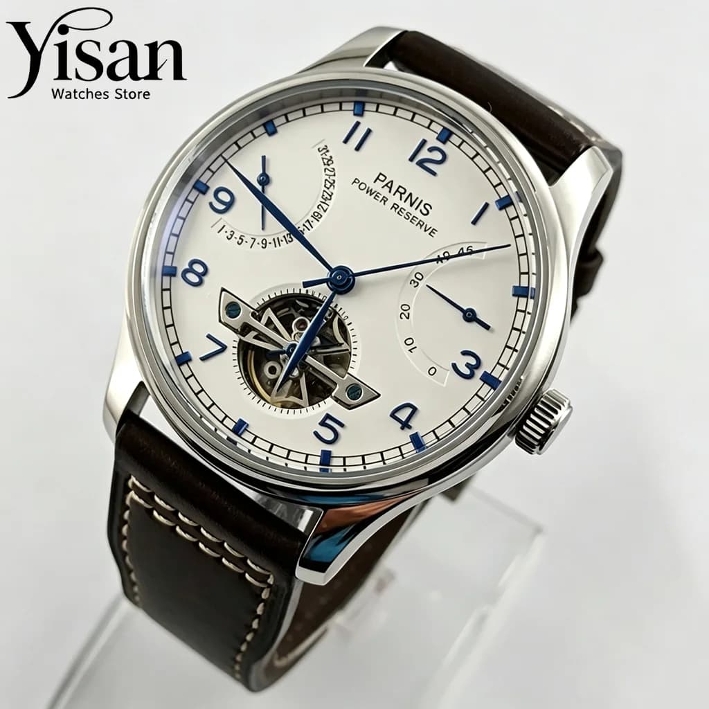 Parnis 43mm Retro Power Reserve Skeleton Automatic Men Watch Brown Leather Strap Mechanical Movement Luxury Business Wristwatch