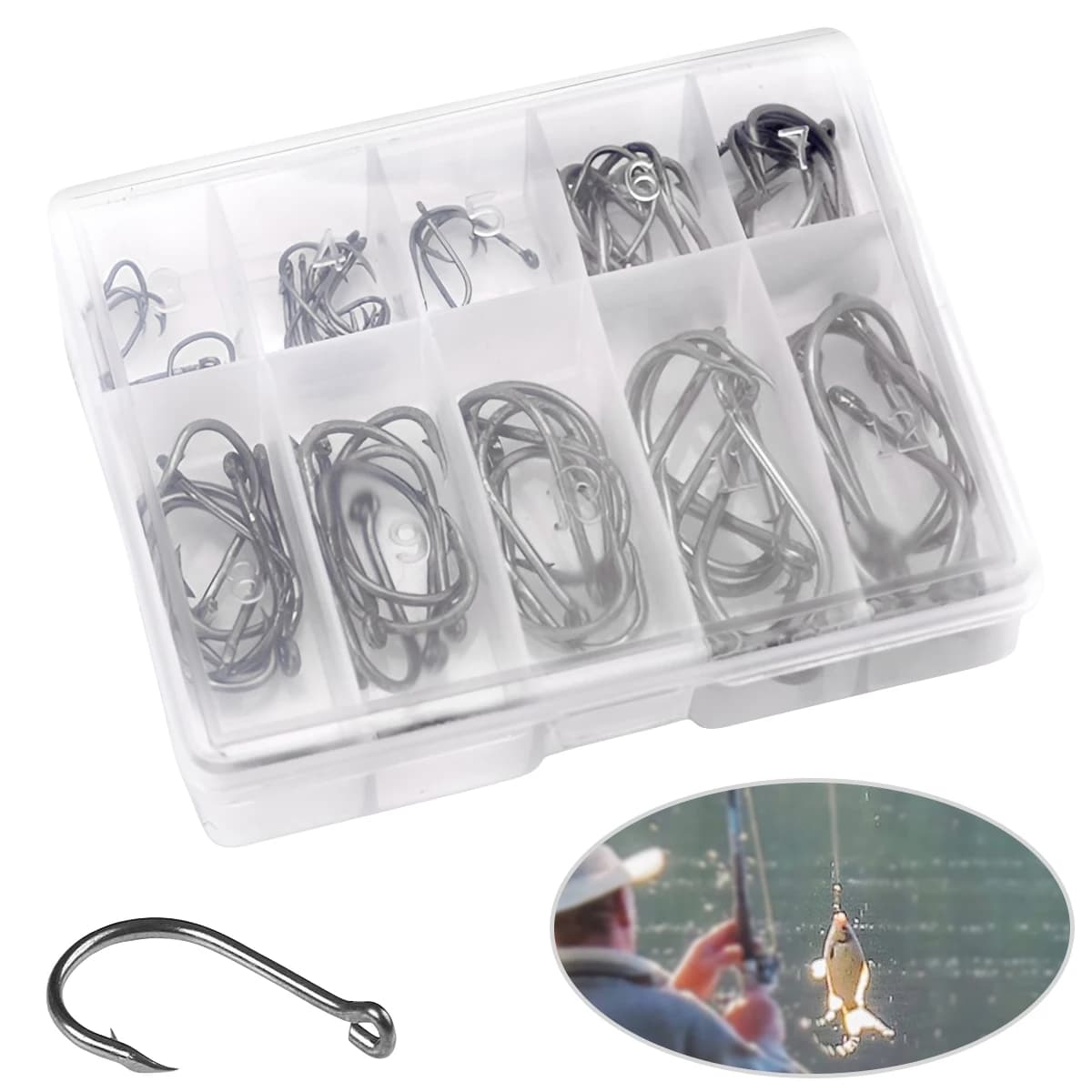 100 pcs/box Set of fishing hooks with fishing gear box Salt water Fresh water High carbon steel Carp fishing hooks Accessories