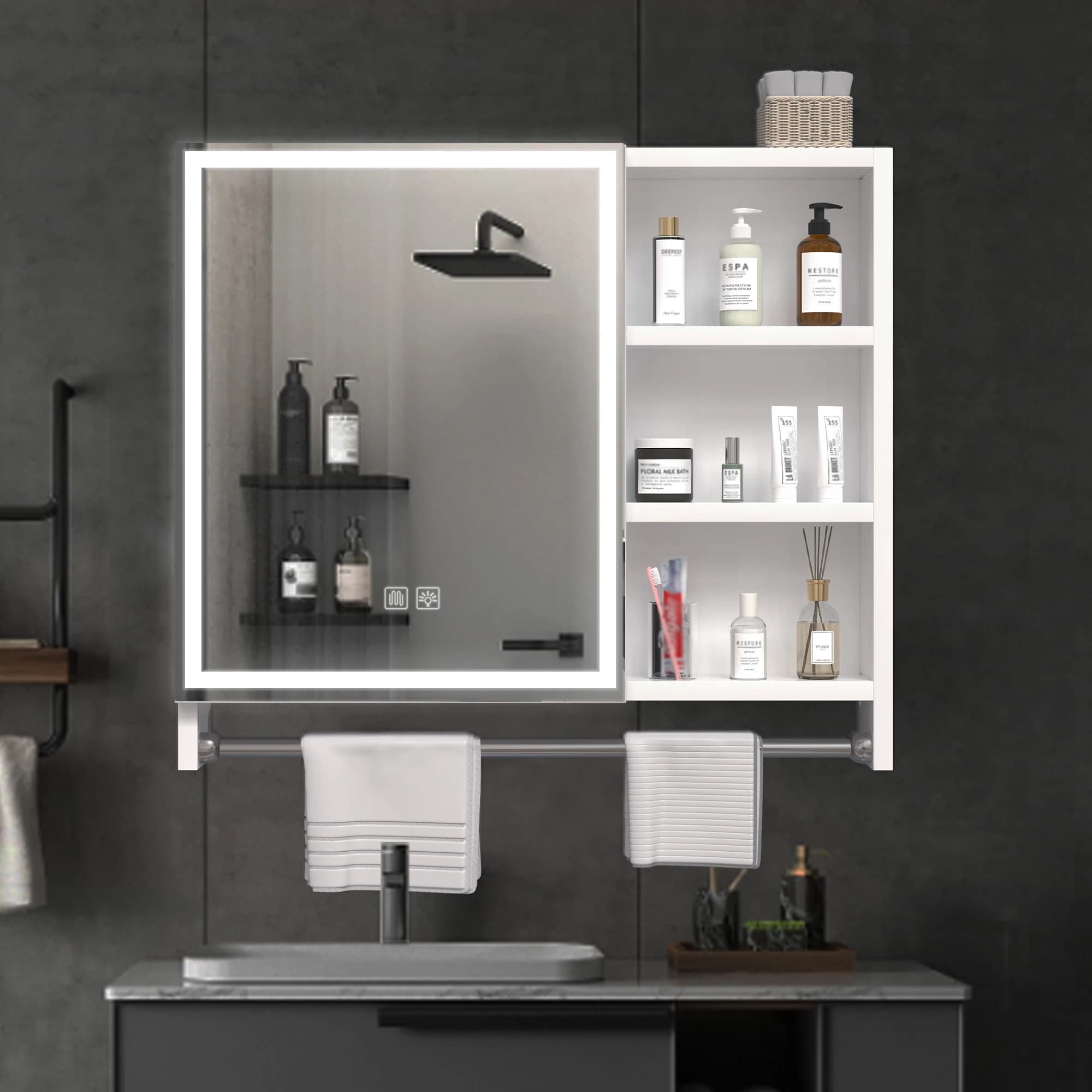 Mobiletto da bagno 32x28 pollici, armadietti da bagno con specchio e luci a LED, scomparti multistrato e portasciugamani