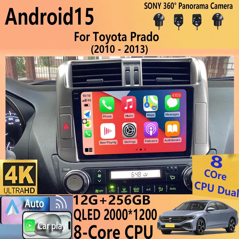 For Toyota Prado 2010-2013 Android 15 2din Car Radio Carplay Auto Stereo Radio GPS Navigation 4G WIFI DSP