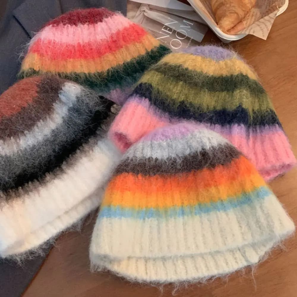 Cappello a Righe Stile Coreano Y2k, Caldo Berretto in Lana Colorata per Autunno e Inverno, Fatto a Mano, Casual, per Donna