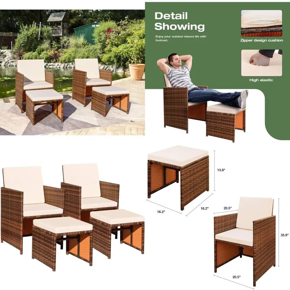 Set di Mobili da Esterno in Vimini Beige per Tutte le Stagioni con Sedie Imbottite e Pouf per Balcone
