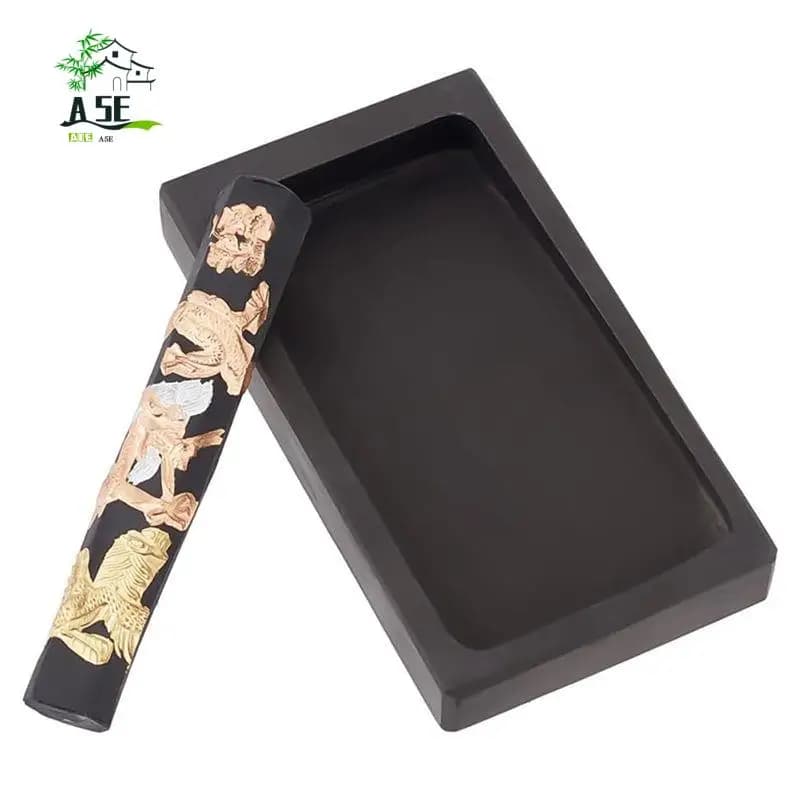 A05E-Chinese Calligraphy Inkstone With Ink Stick Rectangle Dragon Phoenix Pattern Inker Sets Traditional Chinese Ink Stones