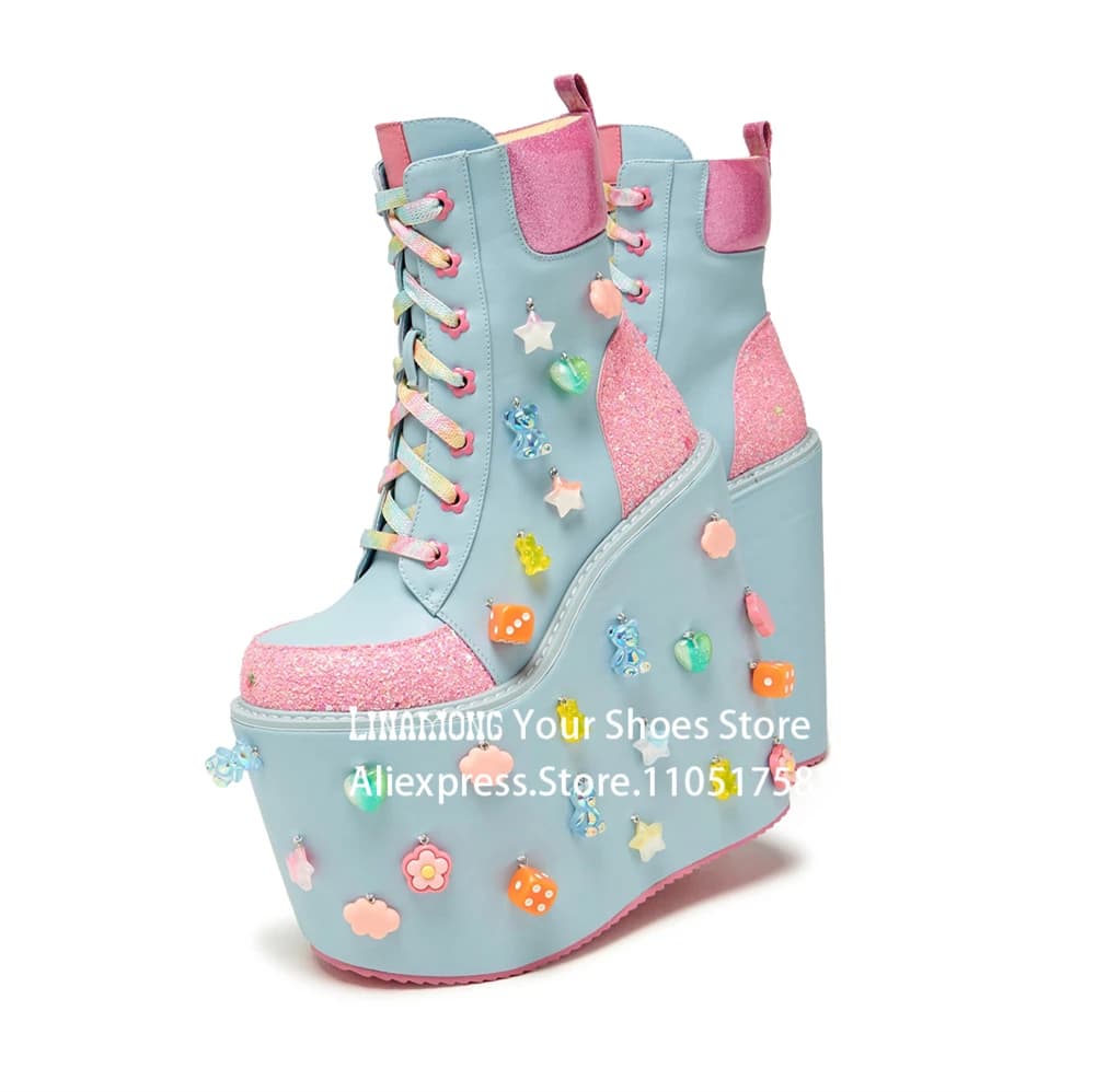 Pastel Blue Tower Platforms Ankle Boots Glitter Pink Panels Ultra High Stacked Sole Booties Full-On Scatter of Charms Y2k Boots
