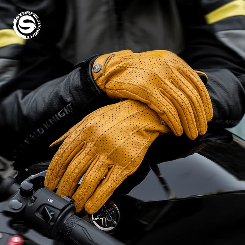 SFK Vintage Motorcycle Gloves Summer Breathable Riding Protection Gears Real Goat Leather Non-slip Wear-resistant Touch Screen