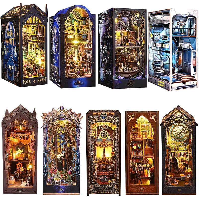 Kit di inserti per scaffali per angolo di libri fai-da-te Puzzle in legno 3D Casa delle bambole Assemblaggio Modello di edificio Fermalibri con mobili Luce a LED Regali di Natale