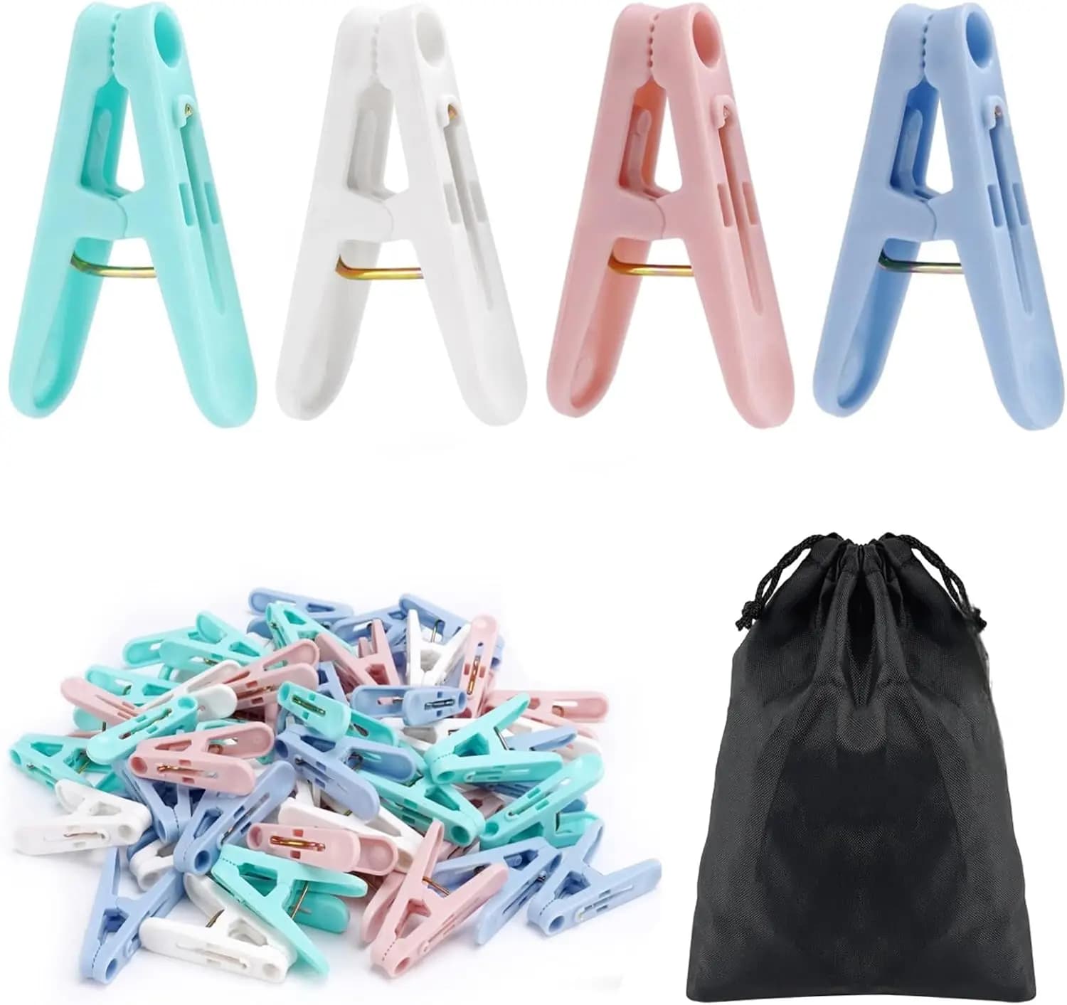 56 Mollette Colorate, 4 Colori, Clip a Molla (2 Pollici) con Sacchetto Portaoggetti - Per Bucato, Asciugatura, Casa