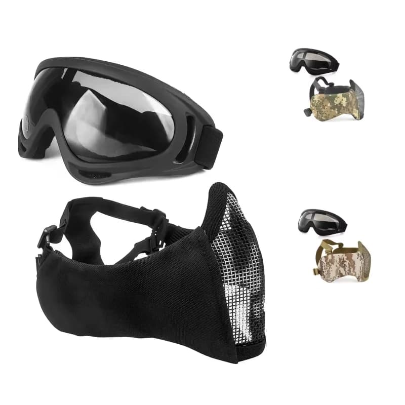 zlangsports Maschera tattica pieghevole per paintball Airsoft a mezza faccia con occhiali di protezione UV Protezione per le orecchie Maglia metallica militare CS
