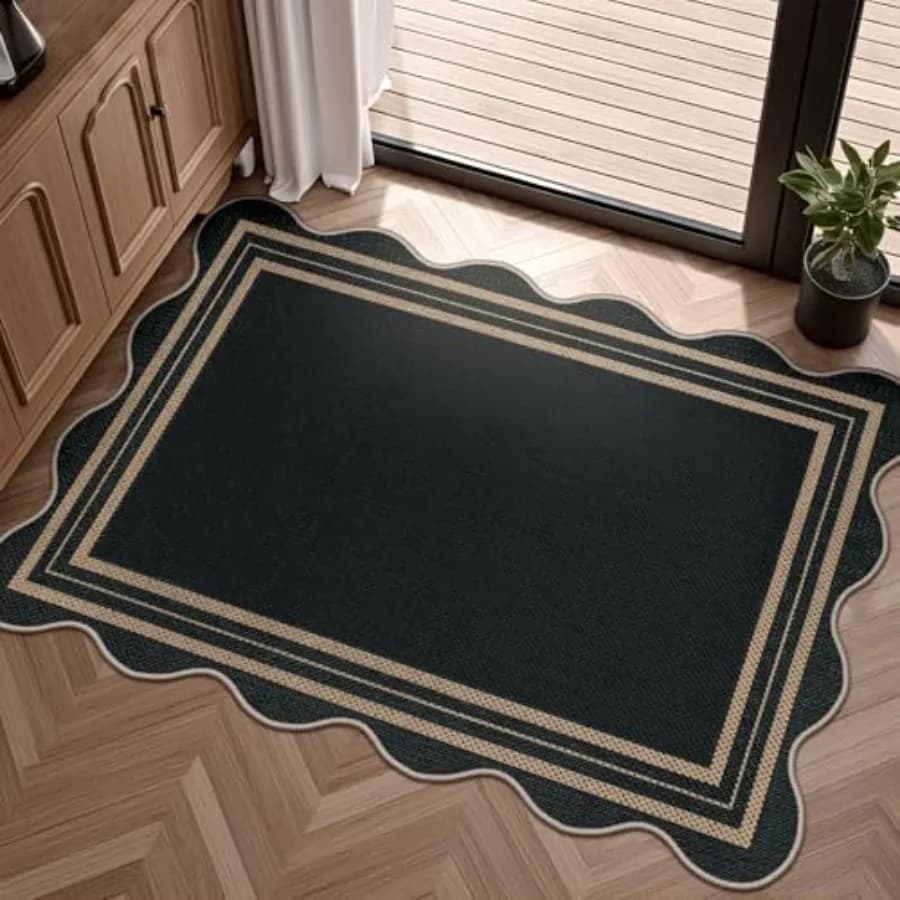 Easy Jute Black Kitchen Rug, 2x3 Front Door Mat Washable Non Slip Small Entryway Rug, Indoor Outdoor Farmhouse Scalloped Doorma