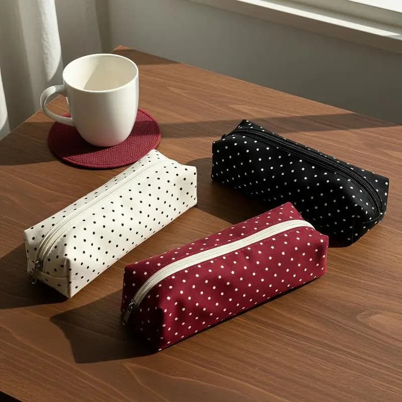 Polka Dot Canvas Pencil Pouch Large Storage Smooth Zipper Portable Stationery Case For School Student Office Desktop Organizer
