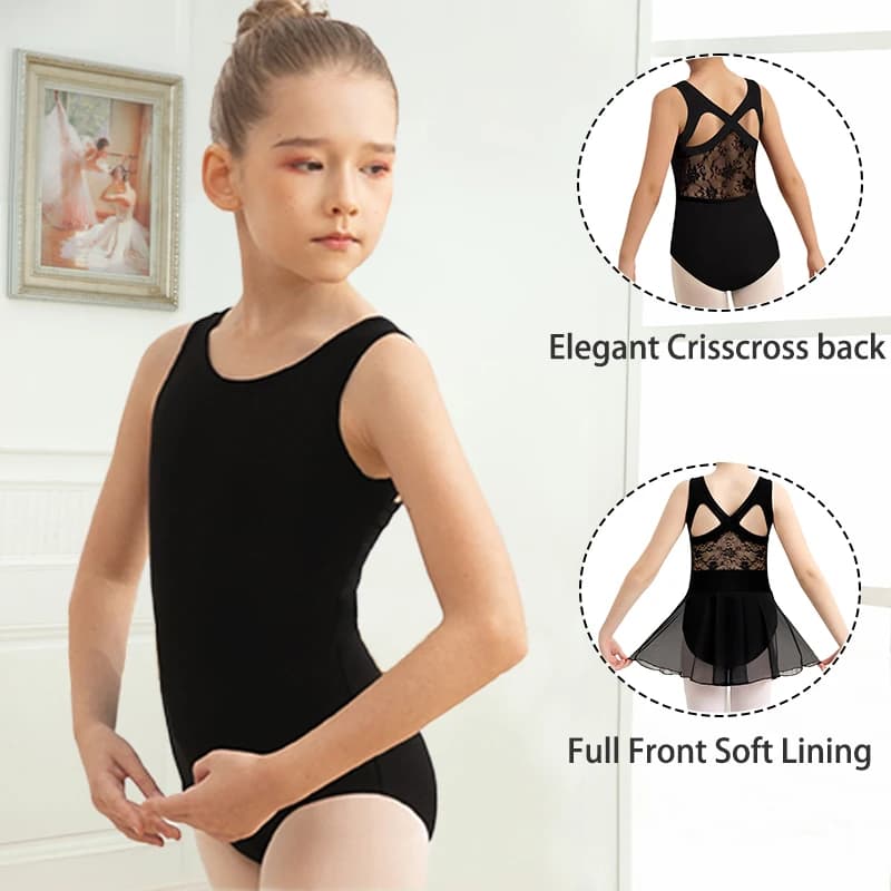 Body da balletto per ragazza Cinghie incrociate per bambini Abiti da ballo posteriori Abbigliamento da ballo senza maniche per bambini