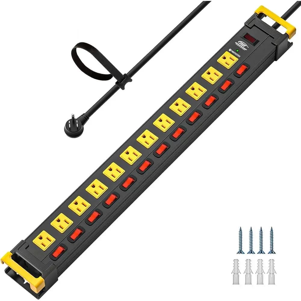 Multipresa in Metallo a 12 Prese con Interruttori Individuali, Spazi Ampio per Spine Voluminose, Cavo da 3 Metri, Gestione Cavi, Protezione da Sovratensione 1020J