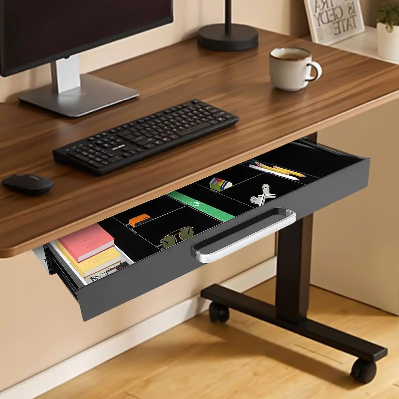 Sotto il cassetto della scrivania 21,6", organizer estraibile con scomparto, cassetto scorrevole in legno sotto il tavolo per scrivania o tavolo da ufficio