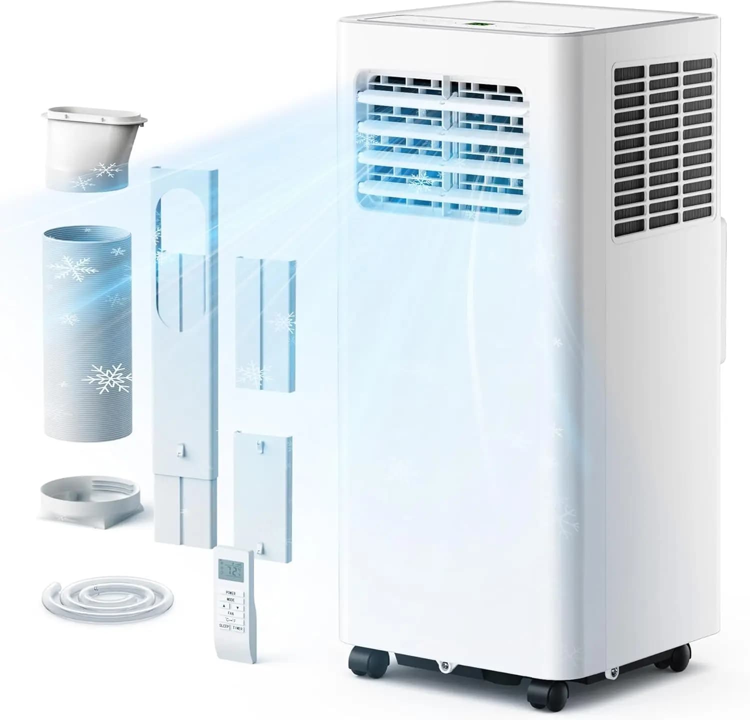 8000 BTU 3-in-1 Portable Air Conditioner, Cools Up to 350 sq. ft. with Dehumidifier & Fan Modes, 50 dB Quiet Operation for Bedroom, Includes Window Kit, Remote Control, and Smooth-Rolling Casters