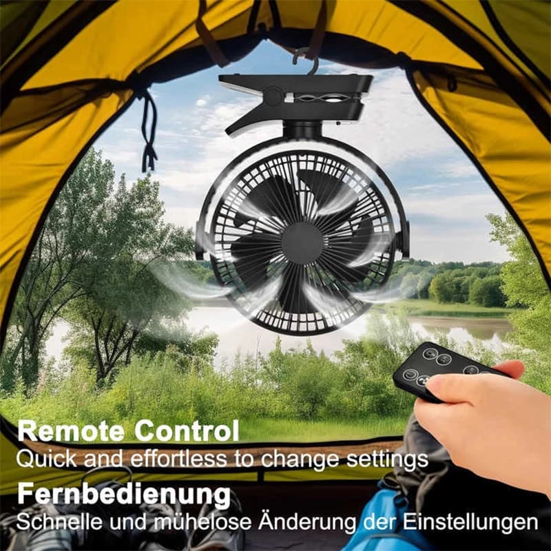 Outdoor Camping Tent Ceiling Fan 12000 mAh Rechargeable Battery Fan with Remote Control Clip 5 Speed Portable Table Fan with LED Light