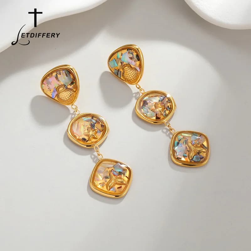 Letdiffery Abalone Shell Dangle Earrings for Women Stainless Steel Starfish Conch Geometric Drop Studs Bohemian Beach Jewelry