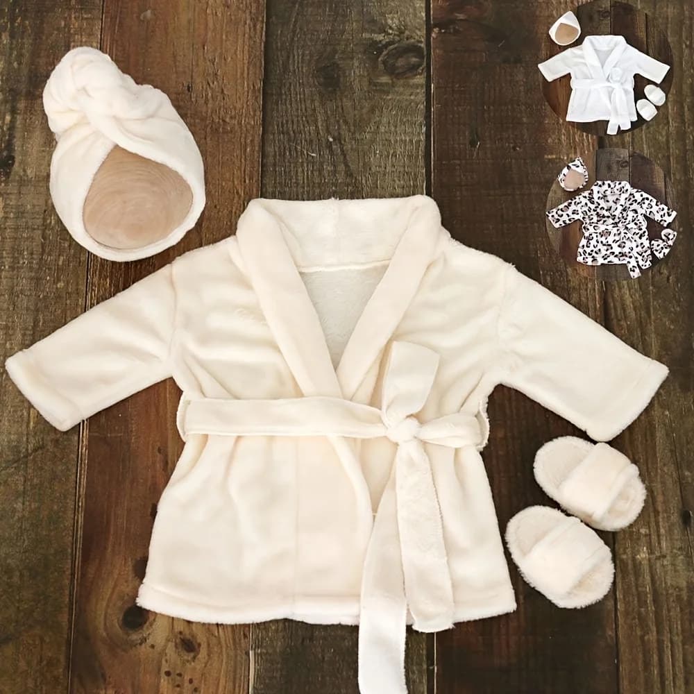 Cozy Cream Baby Robe with Matching Slippers and Scarf Perfect for Newborn Photography Props Infant Boys Girls Soft Lycra Fabric
