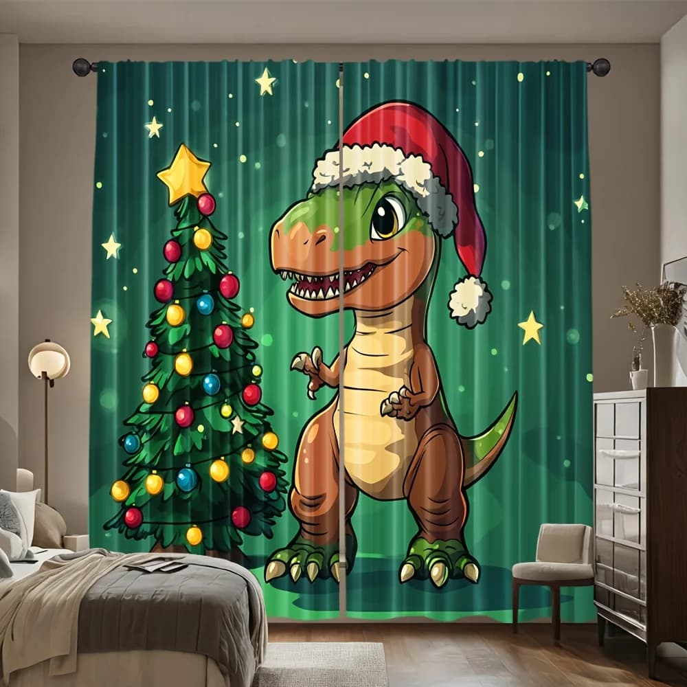 Cartoon World Dinosaur Rod Pocket Window Curtains 2 Panel Cute Dino Drapes for Kids Bedroom Living Room Decor