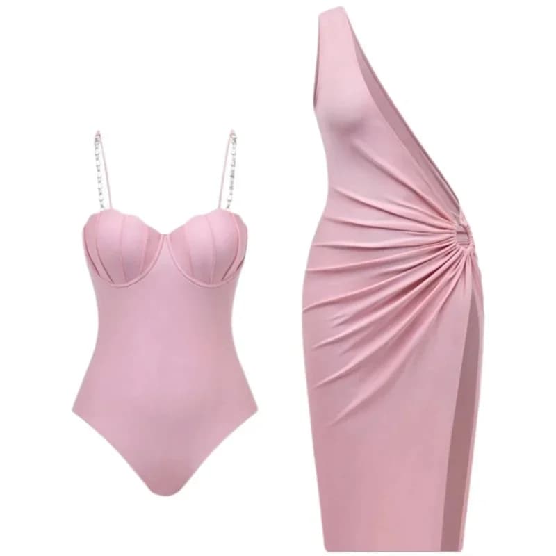 Set 2 Pezzi Nuovo Costume da Bagno Monospalla da Donna con Vestito Copricostume - Costume Push-Up Arricciato con Sarong a Spacco Alto per la Spiaggia