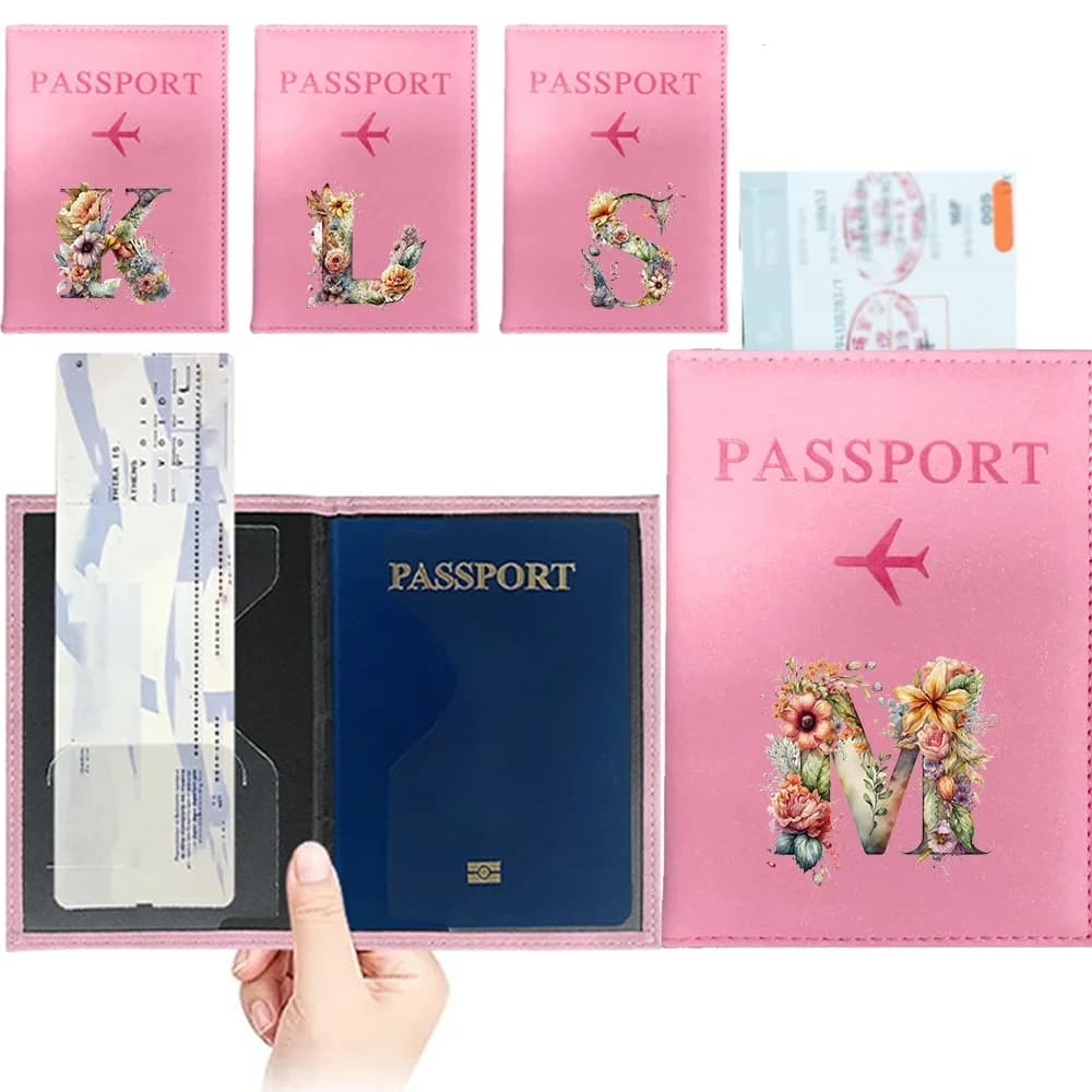 Porta Passaporto da Uomo in Pelle PU, Porta Documenti da Viaggio, Porta Carte di Credito, Portafoglio con Stampa UV, Serie Floreale con Lettere