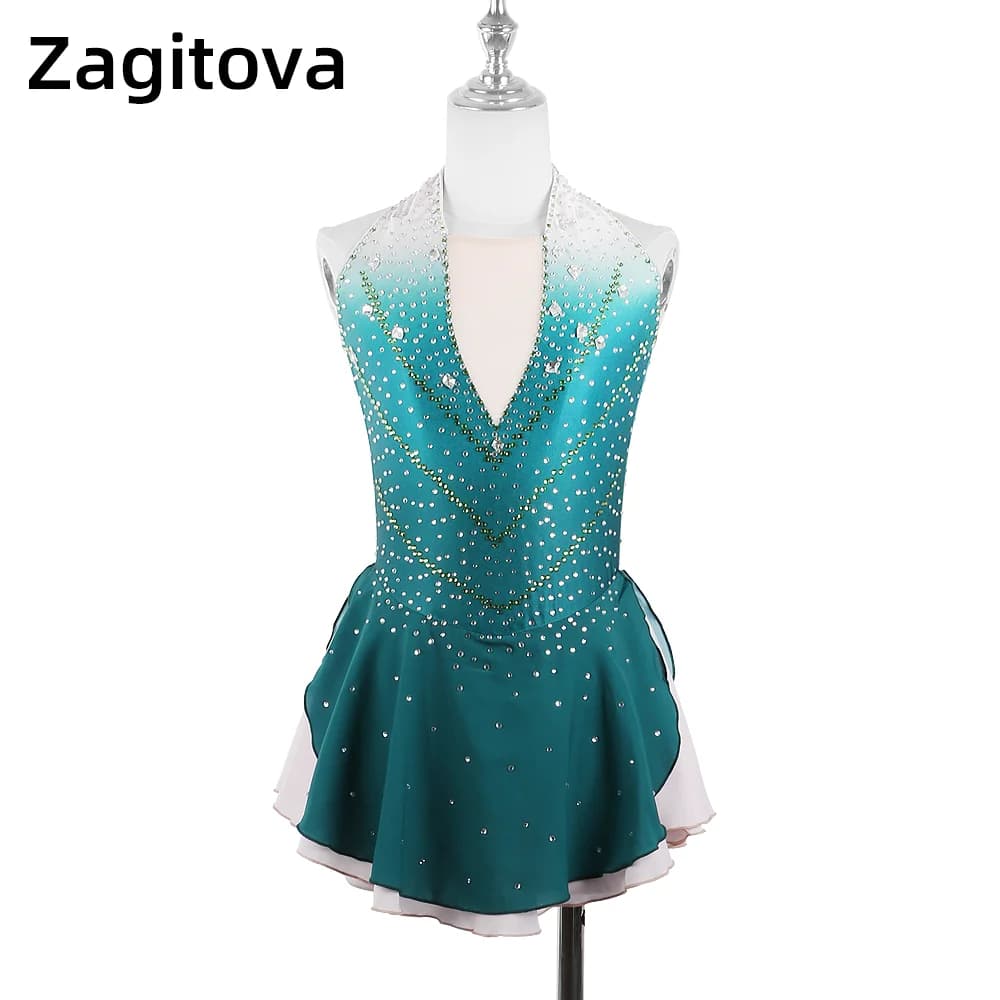 Abito da pattinaggio artistico Zagitova per donna gonna da pattinaggio su ghiaccio per ragazze Performance Competition Gradient Green senza maniche