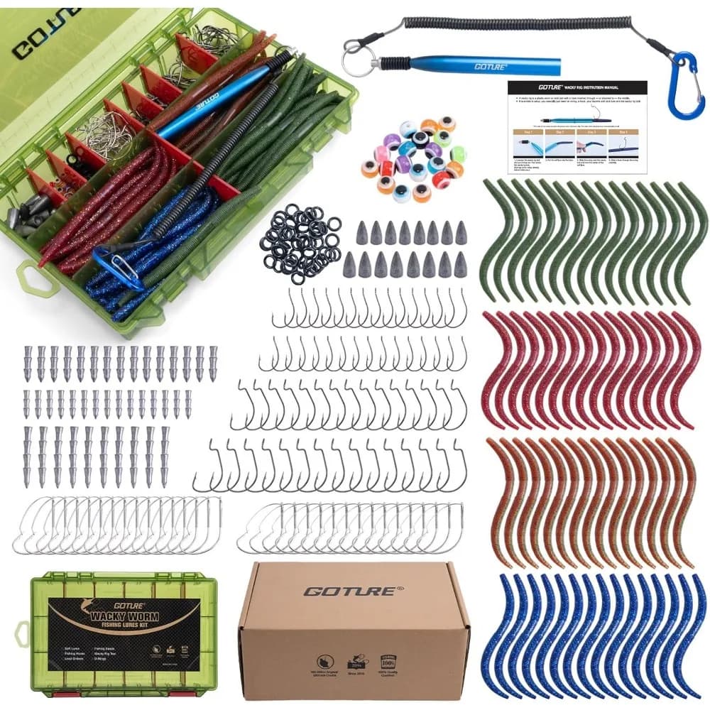 Kit Completo per la Pesca con Esche Morbide Wacky Worm, Anelli, Ganci, Perline, Pesi e Scatola Porta Attrezzi