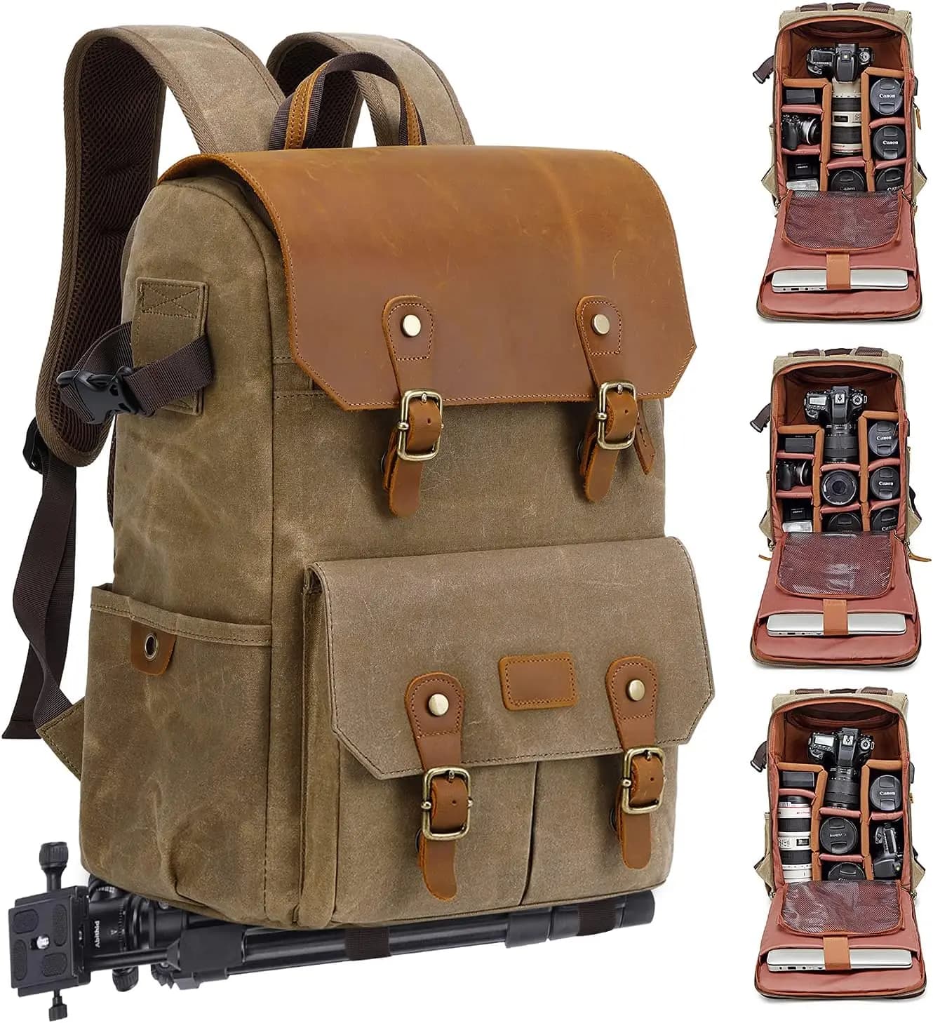 Zaino Vintage in Tela Cerata per Fotocamera, Resistente all'Acqua, con Tasca per Laptop da 15.6'', Supporto per Treppiede per Fotografi