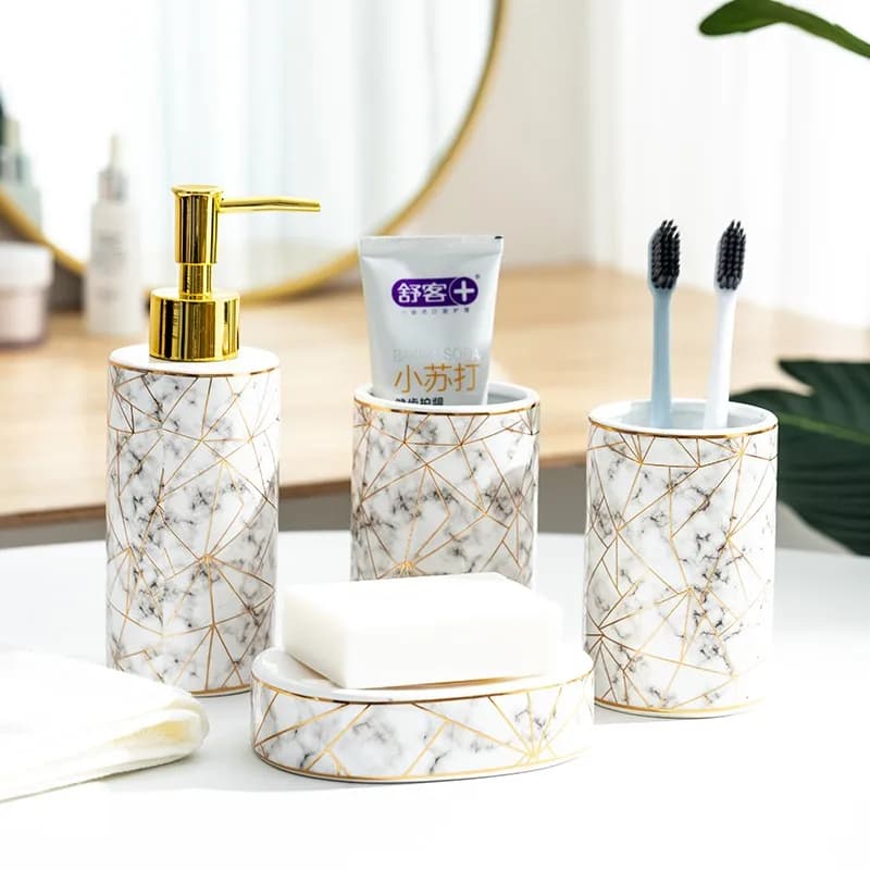 Marmo Texture Pattern bagno 4 pezzi Set Kit in ceramica del nord europa per Dispenser di sapone per bagno portaspazzolino portasapone