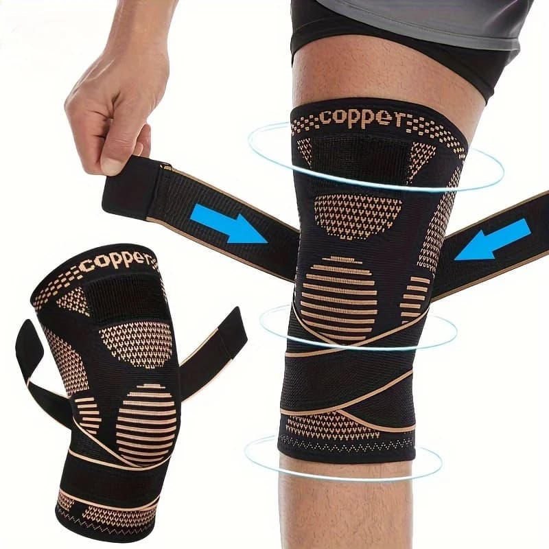 Ginocchiera regolabile con infusione di rame da 1 pezzo con cinghie stabilizzatrici, design in rete traspirante per uomini e donne, per lo sport