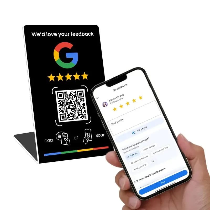 NFC 215 programmable Google Review Card NFC station table NFC Google Reviews display bending card standing brand bracket